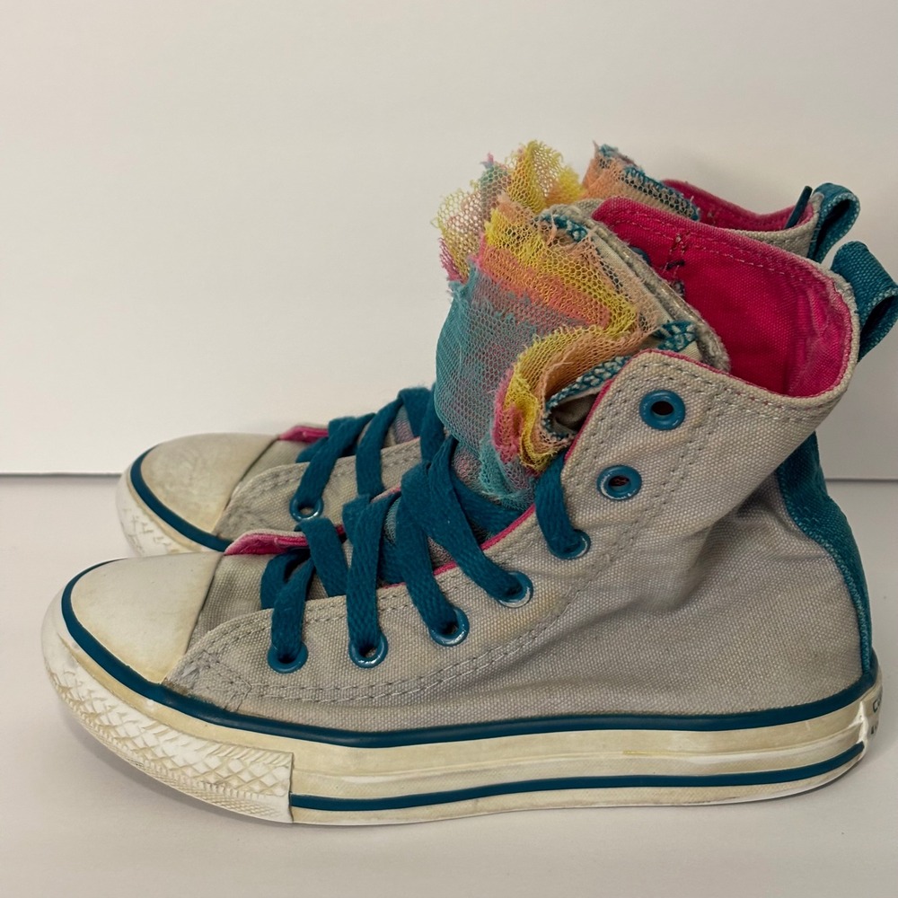 Converse All Star Girls Kids 12 High Top Sneakers Gray Teal Pink Rainbow Tulle - Picture 4 of 10